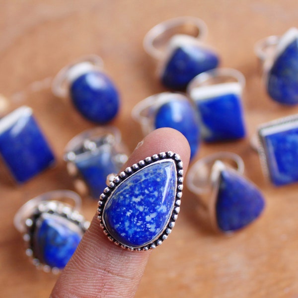 Natural Lapis Lazuli Rings, Blue Gemstone Ring, 925 Silver Plated Rings, Handmade Ring, Mix Designed Rings, Women Gifted Jewelry, Free Ship