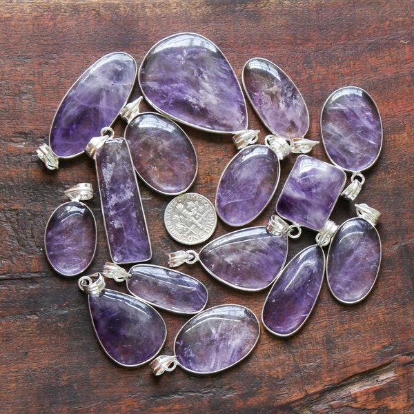 Afrikanischer Amethyst Anhänger Lot, handgefertigter Lünette Anhänger, Lünette Stecker, Chakra Schmuck, Schmuckzubehör, versilberter Amethyst Lünette Anhänger