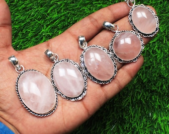 Crystal Pendant. Natural Rose Quartz Pendant, Silver Overlay Necklace Pendant, Wedding Pendants, Natural Crystal Pendants Lot