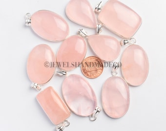 Rose Quartz Crystal Pendant, Vintage Gemstone Jewelry, Silver Overlay Handmade Pendants, Mix Shape & Mix Size Gemstone Pendants