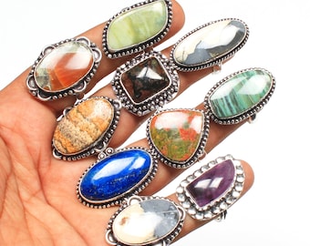 Natural Assorted Gemstone Rings for her, german Silver Rings, Handmade Jewelry Ring, vintage Rings, bulk rings, chunky rings