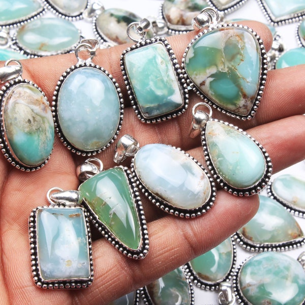 Chrysoprase Gemstone Pendants, Silver Overlay Necklace Pendants, Ethnic Gemstone Necklace Pendants, Mix Shape & Mix Size Necklace Pendants