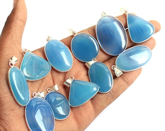 Blue Onyx Pendant, Gemstone Pendants, 925 Silver Plated Pendants, Bezel Pendant, Aqua Onyx Gemstone Jewelry Wholesale Lot, Mix Shape Pendant