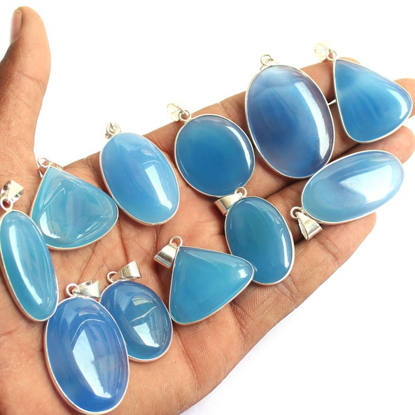 Blue Onyx Pendant, Gemstone Pendants, 925 Silver Plated Pendants, Bezel Pendant, Aqua Onyx Gemstone Jewelry Wholesale Lot, Mix Shape Pendant