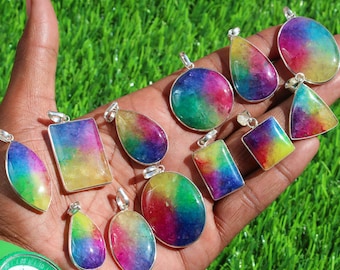 Rainbow Solar Necklace Pendants, Solar Quartz Druzy Necklace, Silver Overlay Necklace Pendants, Mix Shape & Mix Size Pendants