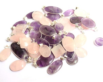 Rose Quartz & Amethyst Gemstone Pendant Lot, Silver Plated Crystal Necklace Pendants, Handmade Crystal Pendants. Hippie crystal Pendants