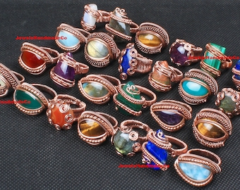 Wire Rings, Assorted Crystals Handmade Copper Wire Rings For Women, Wholesale Lot Multi Color Gemstone Copper Wire Ring Jewelry