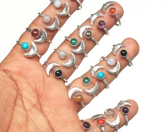 Assorted Crystal Handmade Adjustable Half Moon Design Rings For Women, Multi Color Gemstone Adjustable Rings Jewelry