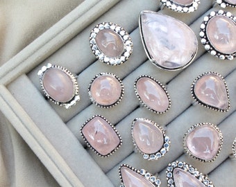 Rose Quartz Ring, Natural Crystal Ring, Silver Overlay Ring, Boho Ring, Handmade Ring, Rose Quartz Mix Shape & Mix Size Ring Lots