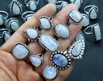 Natural Moonstone Ring, 925 Silver Plated Rings, Moonstone Rings Lot, Rainbow Moonstone Rings, Moonstone Gemstone Rings Lot, US Size 6-10