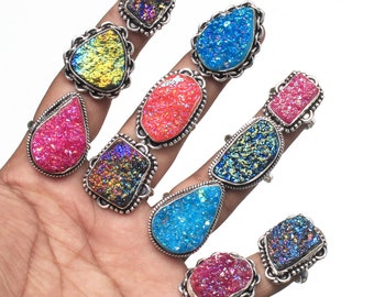 Titan Druzy Edelstein Ringe Frauen Schmuck Farbe Voll Druzy Silber Überzogene Kristall Ringe für Frauen chunky Ringe, Boho Ringe für Geschenk