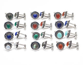 Multi Color Cuff Links Jewelry, Assorted Gemstone Handmade Silver Overlay Cuff Links For Suit and Kurtas Accessories