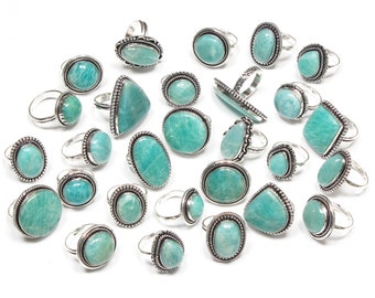 Genuine Amazonite Gemstone Rings, Green Amazonite Gemstone Bezel Rings Lot, Amazonite Silver Plated Ring Jewelry Lot