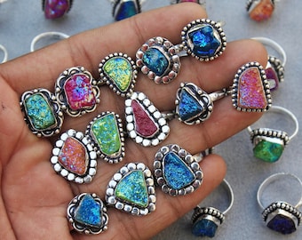 Titanuim Druzy Ringen, Handgemaakte sieraden vintage ringen, hippie ringen, zilveren ringen voor vrouwen, kristallen ringen, dikke ringen, boho ringen voor cadeau