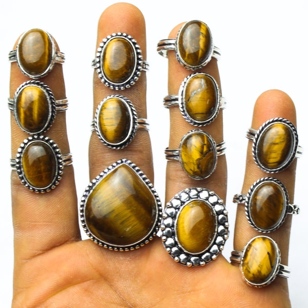 Anillos chapados en plata 925 de piedras preciosas múltiples, anillo de ojo de tigre, anillos de piedras preciosas de ojo de tigre, anillos de mujer tamaño EE. UU. 6 a 10 y anillo de forma mixta