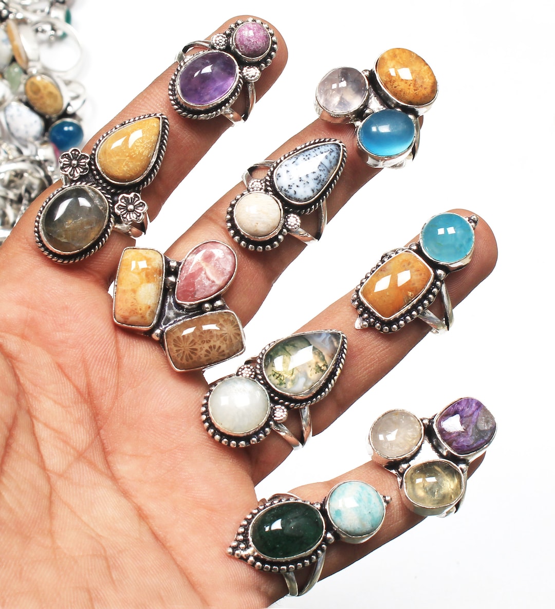 Natural Assorted Double Gemstone Rings, Multi Stone Handmade Rings for