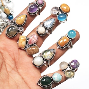 Natural Assorted Double Gemstone Rings, Multi Stone Handmade Rings For Women, Multi Color Crystal vintage Rings, Wholesale Bulk Rings