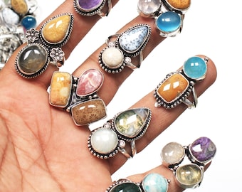 Natural Assorted Double Gemstone Rings, Multi Stone Handmade Rings For Women, Multi Color Crystal vintage Rings, Wholesale Bulk Rings