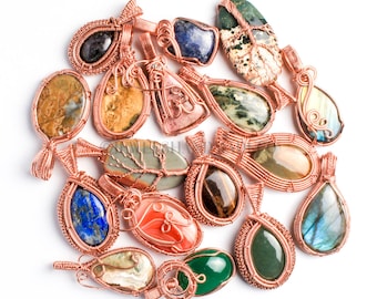 Assorted Copper Crystal Pendants, Tree of Life Pendant Lot, Random Wire Wrapped Pendants, Bulk Crystal Pendants, Assorted Wire Pendants