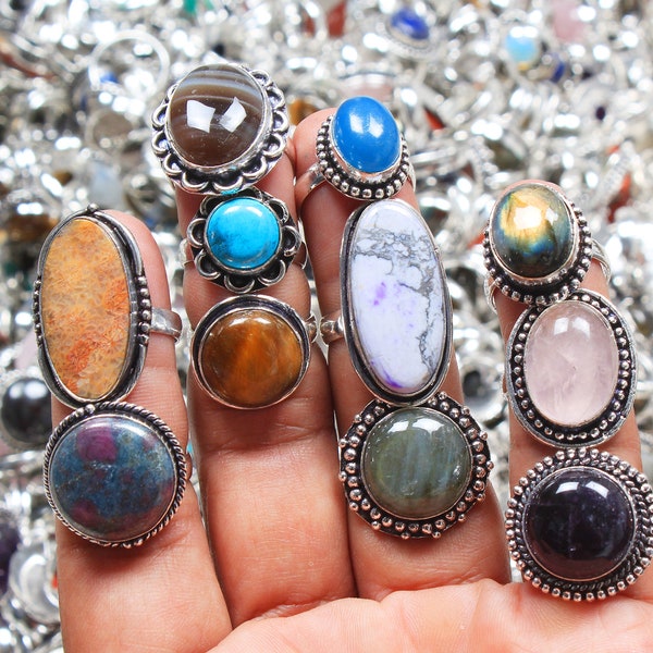 Assorted Gemstone Ring, Silver Plated Gemstone Rings, Adjustable Ring, Amethyst & Mix Gemstone Ring Lot, Free Shipping