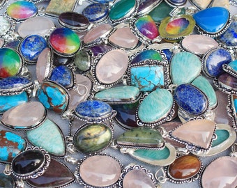 50 Grams Multi Crystal Necklace Pendant, Handmade Gemstone Pendant, Silver Overlay Necklace Pendants Lot, Mix Shape & Mix Size Pendants