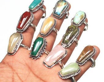 Multi Coffin Crystal Rings For Women Assorted Gemstone Silver Plated Coffin Shape Rings Jewelry Wholesale Lot for Bulk Sale