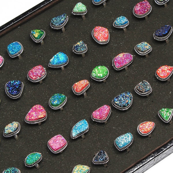 Titanium Druzy Gemstone Handmade Rings For Women, Multi Color Druzy Rings Jewelry, Titanium Druzy Crystal Vintage Rings