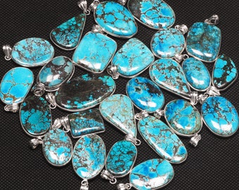 Turquoise Gemstone Handmade Pendant Necklace For Women, Turquoise Silver Overlay Bezel Pendants Wholesale Lot
