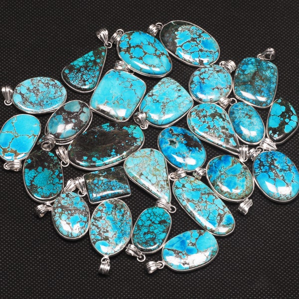 Turquoise Gemstone Handmade Pendant Necklace For Women, Turquoise Silver Overlay Bezel Pendants Wholesale Lot