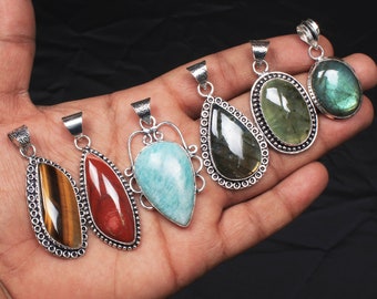 Assorted Gemstone Necklace Pendants, Silver Overlay Handmade Pendants, Boho Pendant, Hippie Pendant, Women Vintage Pendants Jewelry