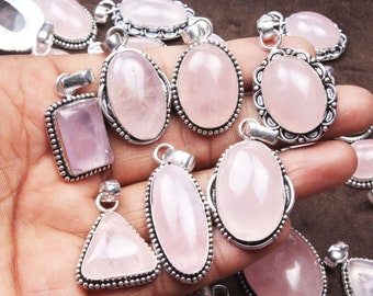 Dainty Rose Quartz Pendants, Natural Gemstone Necklace Pendants, Silver Overlay Necklace Pendants, Statement Necklace Pendants Jewelry