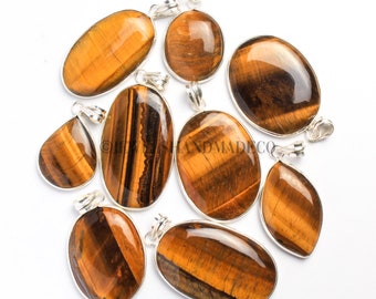 Natural Tiger Eye Gemstone pendants, Silver Overlay  Crystal Pendant, Handmade Jewelry, Mix Shape & Mix Size Tiger Eye Pendant Jewelry