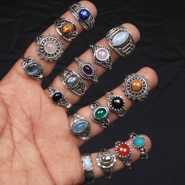 Mixed crystal rings, Assorted Gemstone Handmade Rings For Women, Vintage Wholesale Lot Rings, Rings for Halloween gift, Silver Overlay Rings