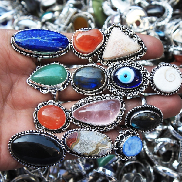 Assorted Gemstone Rings, Handmade Rings, Boho Rings, hippie ring, silver Overlay ring for women, crystal rings, chunky rings, rings for gift