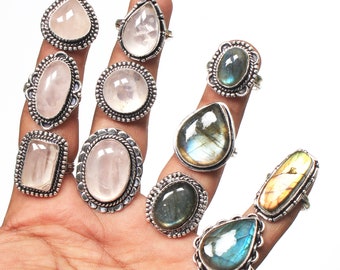 Labradorite and Rose Quartz Crystal Rings, Gemstone Handmade Beauty Rings For Women, Labradorite Rose Quartz Wholesale Rings