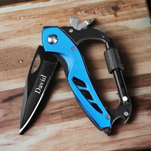 Personalized CARABINER POCKET KNIFE Multitool Knives Custom Engraved Groomsmen Gift for Him Dad Men Fishing Boyfriend Birthday Grandpa Son