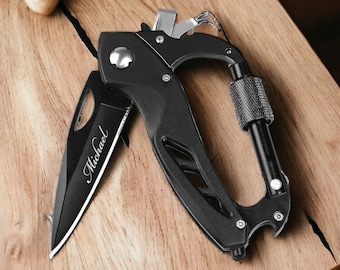 Personalized CARABINER POCKET KNIFE Multitool Groomsmen Birthday Gift for Him Dad Men Boyfriend Fishing Camping Custom Engraved Christmas