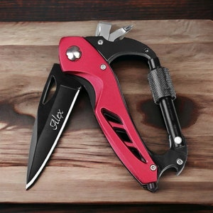 Personalized CARABINER POCKET KNIFE Multitool Knives Custom Engraved Groomsmen Gift for Him Dad Men Fishing Boyfriend Birthday Grandpa Son