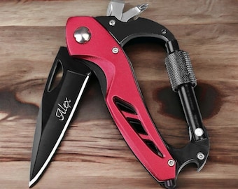 Personalized CARABINER POCKET KNIFE Multitool Groomsmen Birthday Gift for Him Dad Men Boyfriend Fishing Camping Custom Engraved Christmas