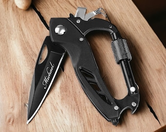 Personalized CARABINER POCKET KNIFE Groomsmen Birthday Gift for Him Dad Men Boyfriend Fishing Camping Hunting Custom Engraved Fathers Day