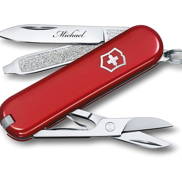 Personalized Victorinox Swiss Army Classic SD Pocket Knife RED Survival Tool Gifts for Dad Husband Boyfriend Him Multitool Fathers Day