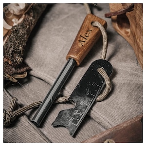 Personalized Fire Starter Ferro Rod Survival Custom Engraved Hunting Survival Outdoors Groomsmen Gift for Him Dad Men Boyfriend Birthday Son
