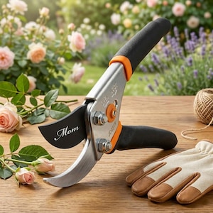 May include: A pair of gardening shears with a black blade engraved with the word "Mom". The shears have a silver body, black and orange handles, and are next to a pair of gardening gloves and a ball of twine. Roses are in the background.