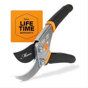 May include: A pair of gardening shears with a black blade engraved with the word "Mom". The shears have a silver body with orange accents and black handles. An orange square with the text "FULL LIFE TIME WARRANTY" is in the background.
