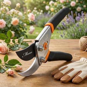 May include: A pair of gardening shears with a black blade engraved with the word "Mom". The shears have a silver body, black and orange handles, and are next to a pair of gardening gloves and a ball of twine. Roses are in the background.