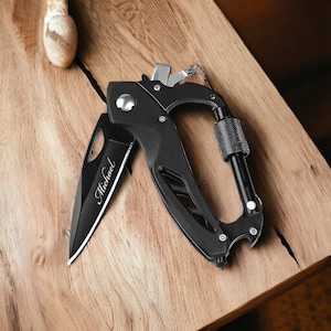 Personalized CARABINER POCKET KNIFE Multitool Knives Custom Engraved Groomsmen Gift for Him Dad Men Fishing Boyfriend Birthday Grandpa Son