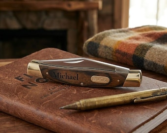 Couteau de poche multifonction BUCK STOCKMAN personnalisé pour homme, idéal pour la pêche, le camping, la chasse, les témoins et comme cadeau d'anniversaire pour lui, papa ou fils. Gravure personnalisée.