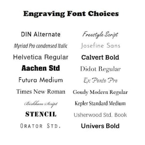 以下が含まれることがあります： 「Engraving Font Choices」というタイトルのリストで、DIN Alternate、Myriad Pro condensed Italic、Helvetica Regular、Aachen Std、Futura Medium、Times New Roman、Bickham Script、STENCIL、ORATOR STD、Freestyle Script、Josefine Sans、Calvert Bold、Didot Regular、Ex Ponto Pro、Goudy Modern Regular、Kepler Standard Medium、Usherwood Std. Book、Univers Boldなど、白地に20種類の黒いフォントスタイルが並んでいます。