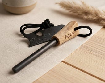 Personalisierter Feuerstarter, Feuerstahl, Überlebenszünder, handgefertigt, Jagd- und Outdoor-Geschenk, Geburtstagsgeschenk für Papa, Mann, Freund, individuell graviert