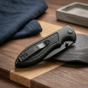 以下が含まれることがあります： テクスチャ加工されたハンドルと小さなロゴ入りの金属製ポケットクリップを備えた黒い折りたたみ式ポケットナイフ。ナイフは閉じた状態で、ハンドルのマットな仕上げと、ピボット付近に見える滑らかな黒い刃が特徴です。